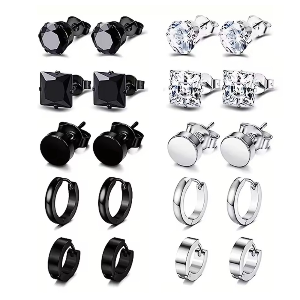 10Pcs  Men’s Black Silver Earring Set